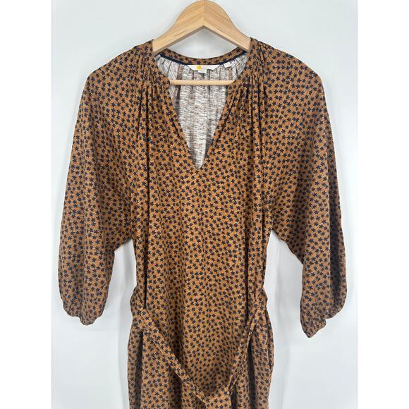 Boden Notch Neck Jersey Midi Dress Floral 3/4 Balloon Sleeve Belted, Brown - Picture 6 of 12